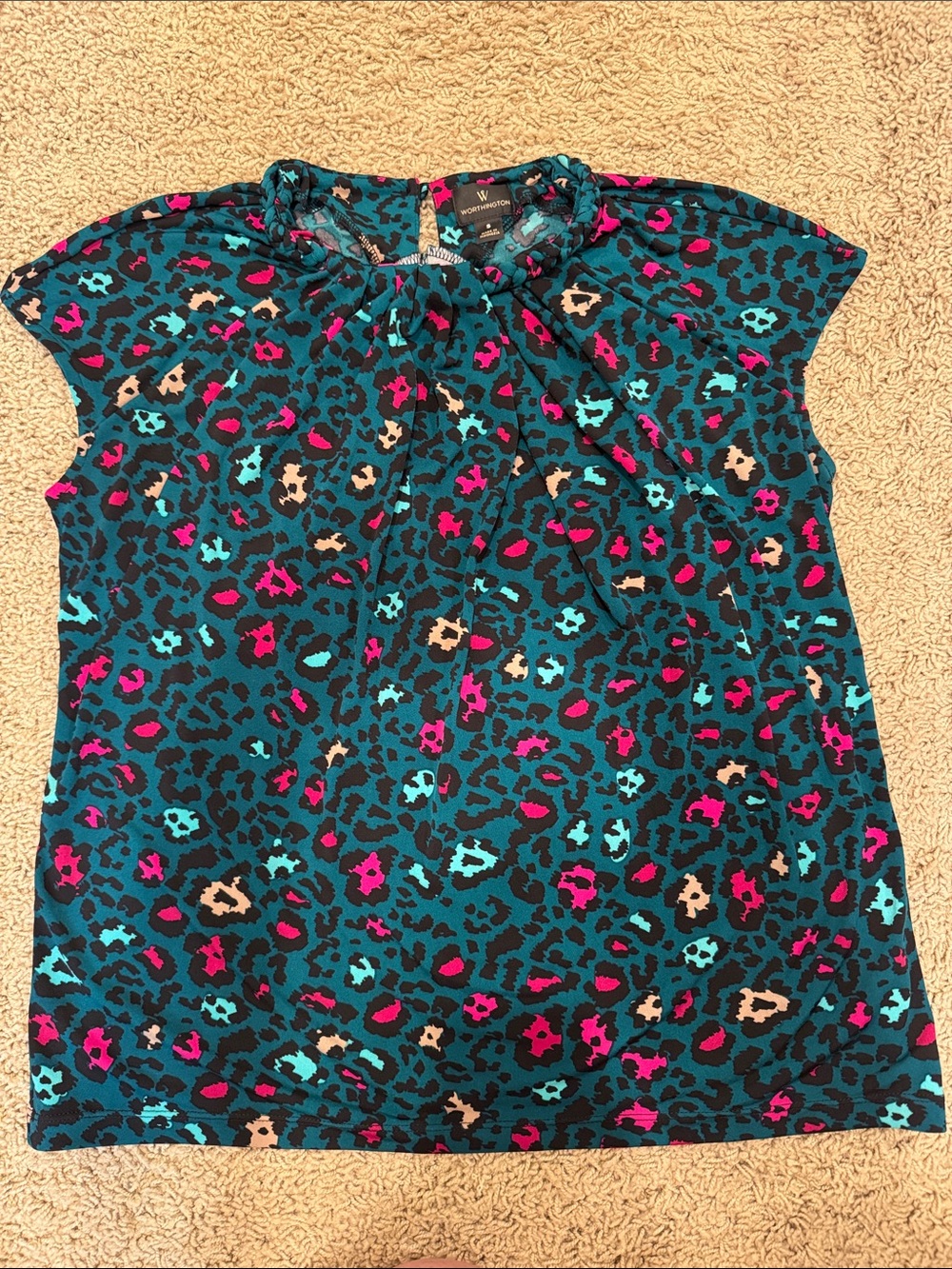 WORTHINGTON Teal Leopard Print Cap-Sleeve Top